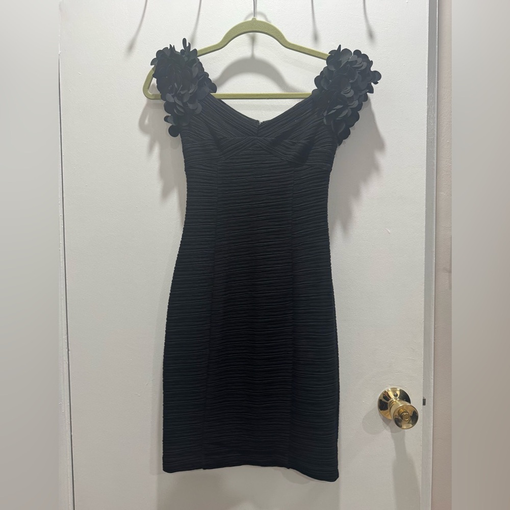 Maeve Black Textured Midi Dress with Floral Shoulders